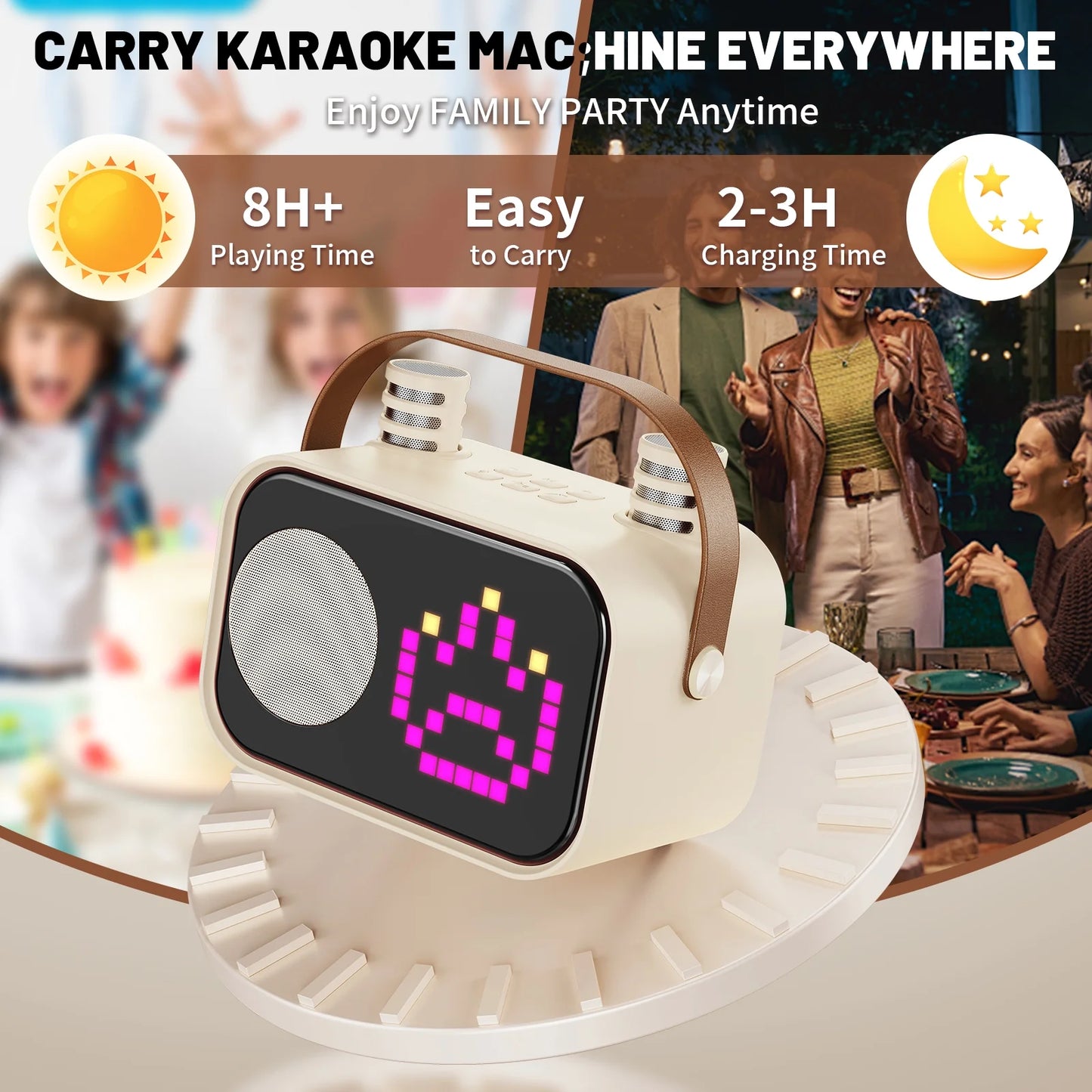 Karaoke Machine for Kids Adults, Portable Bluetooth Speaker with 2 Mic, Party Speaker with 15+ Pixel Animation for Singing, D58G-T