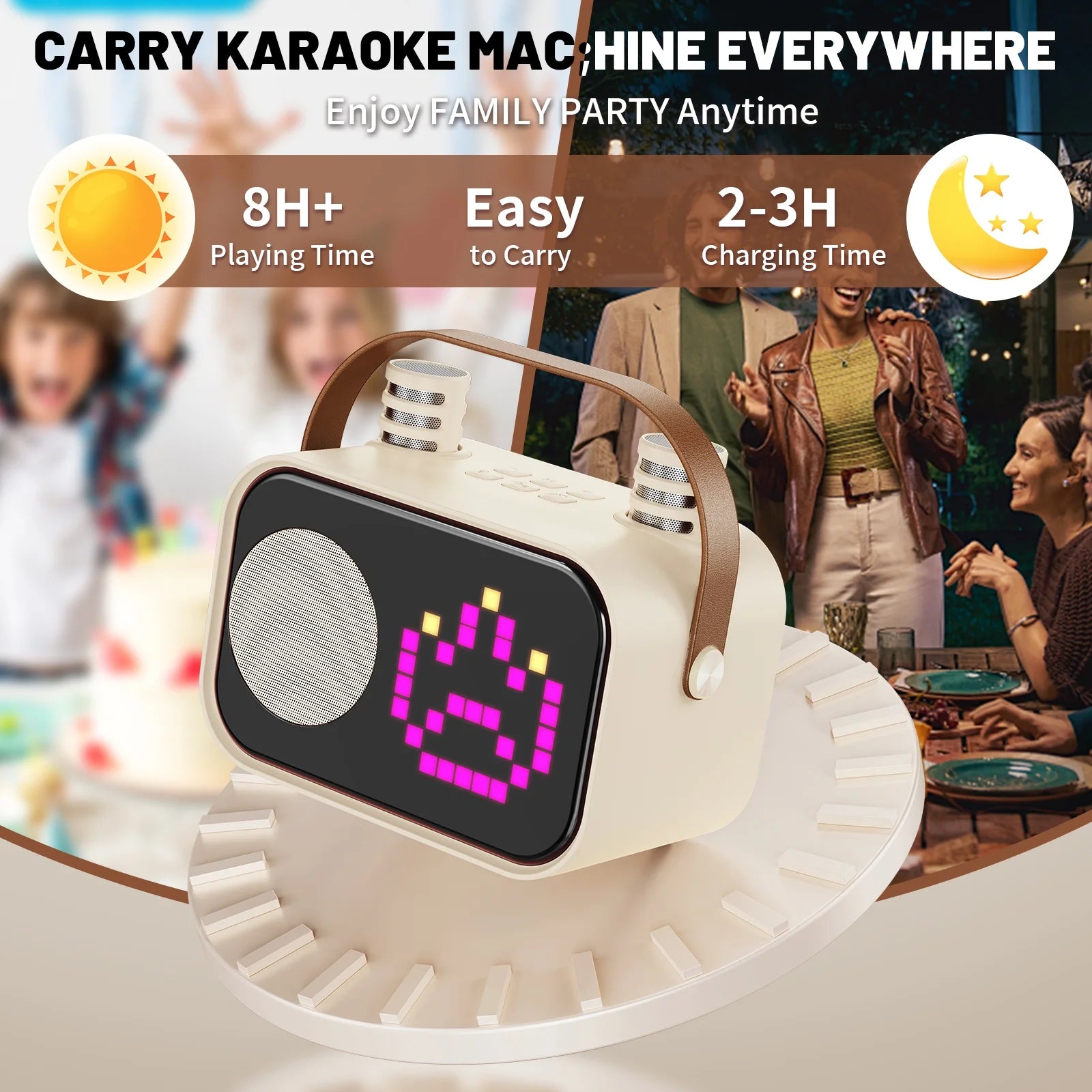 Karaoke Machine for Kids Adults, Portable Bluetooth Speaker with 2 Mic, Party Speaker with 15+ Pixel Animation for Singing, D58G-T