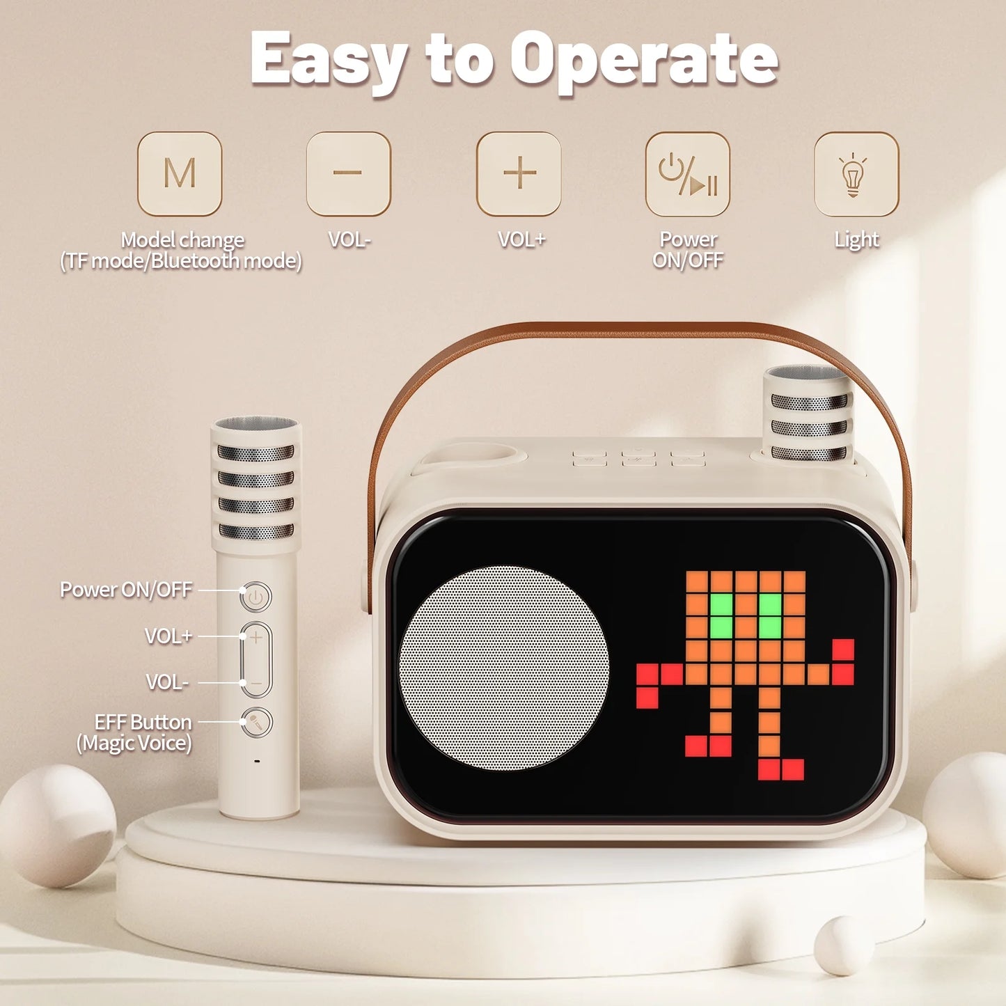 Karaoke Machine for Kids Adults, Portable Bluetooth Speaker with 2 Mic, Party Speaker with 15+ Pixel Animation for Singing, D58G-T
