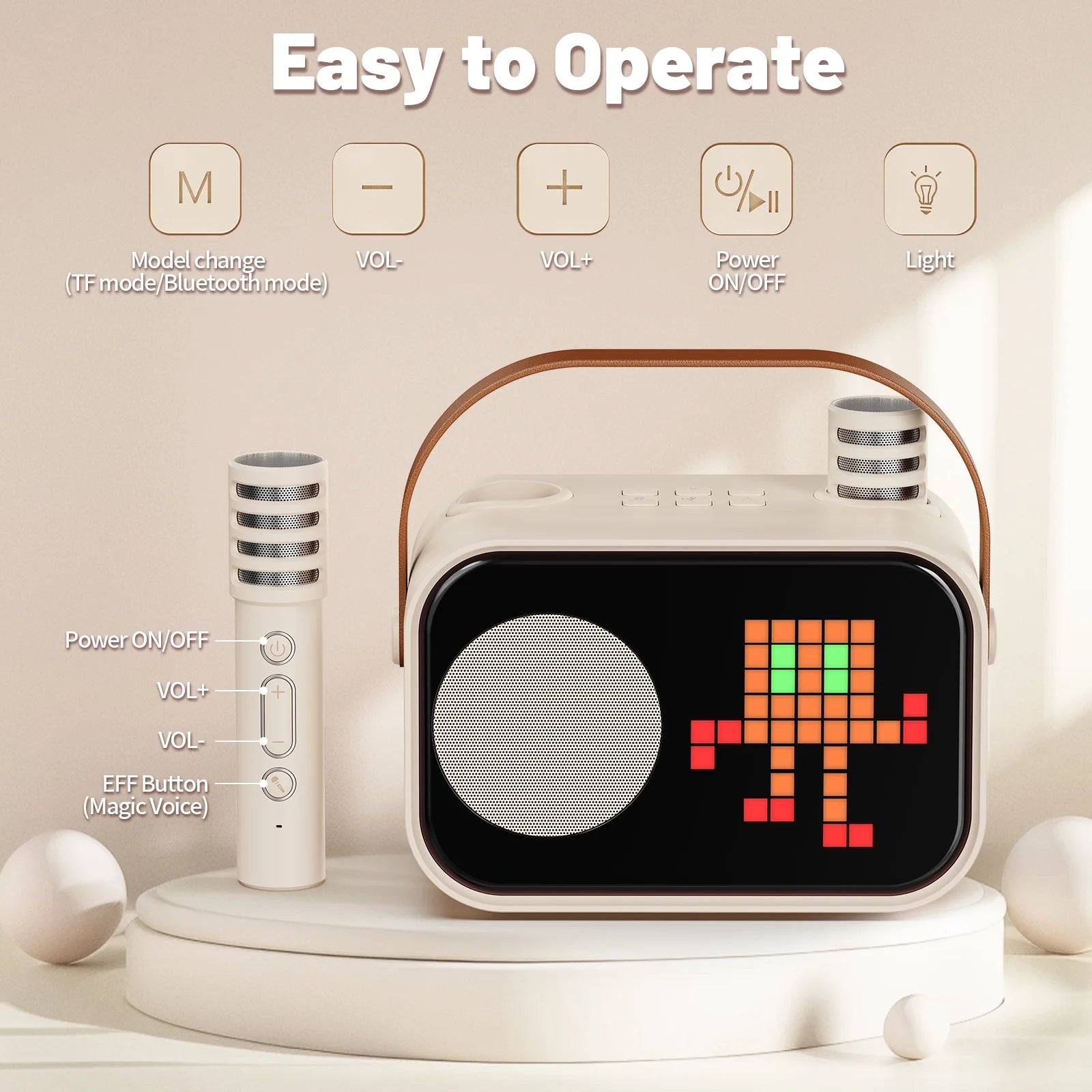 Karaoke Machine for Kids Adults, Portable Bluetooth Speaker with 2 Mic, Party Speaker with 15+ Pixel Animation for Singing, D58G-T