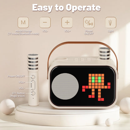 Karaoke Machine for Kids Adults, Portable Bluetooth Speaker with 2 Mic, Party Speaker with 15+ Pixel Animation for Singing, D58G-T