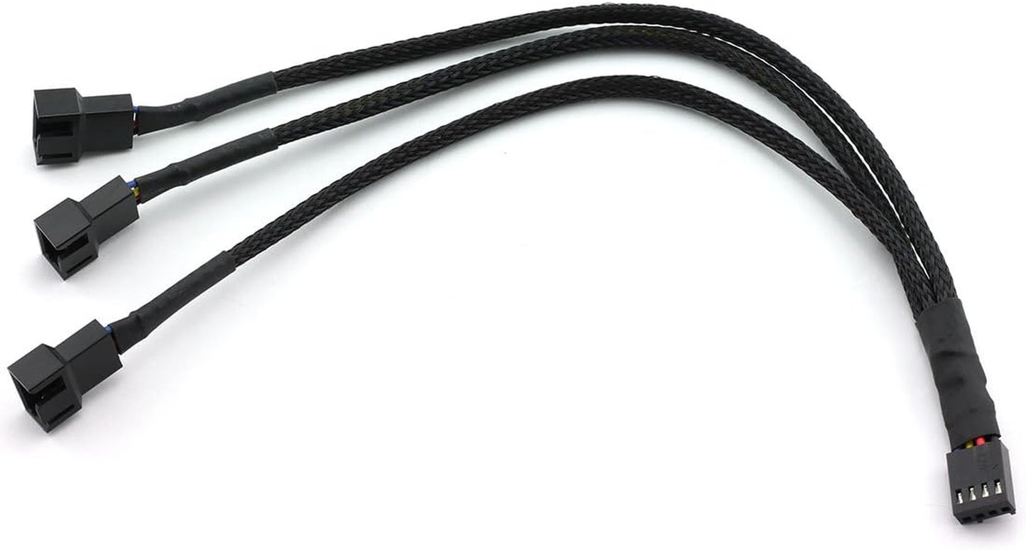 4Pin 1 to 3 Ways PWM Fan Splitter Cable - Black Sleeved Fan Power Extension - 27Cm/10.5 Inches