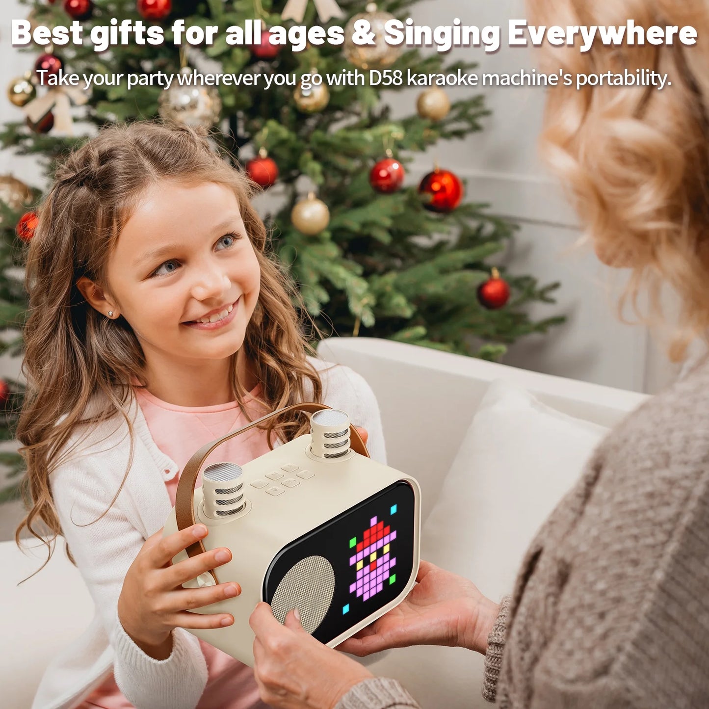 Karaoke Machine for Kids Adults, Portable Bluetooth Speaker with 2 Mic, Party Speaker with 15+ Pixel Animation for Singing, D58G-T